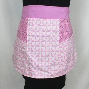 Flamingo Print Pink White Adult Handmade Reversible Cotton Half Apron Pockets